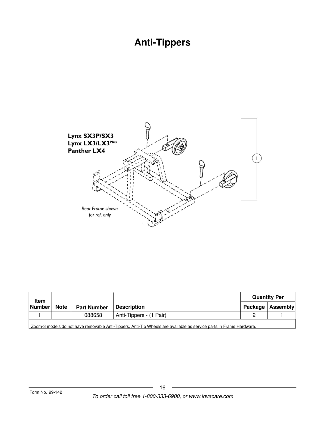 Invacare SX3P manual Anti-Tippers, Quantity Per Package Assembly 