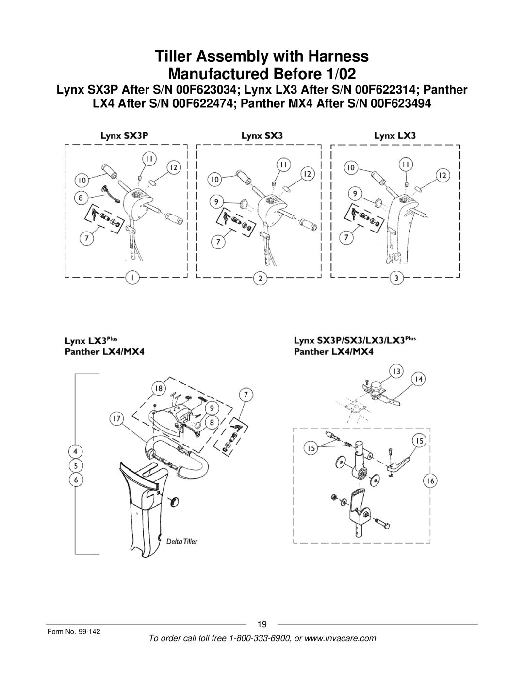 Invacare SX3P manual Tiller Assembly with Harness Manufactured Before 1/02 