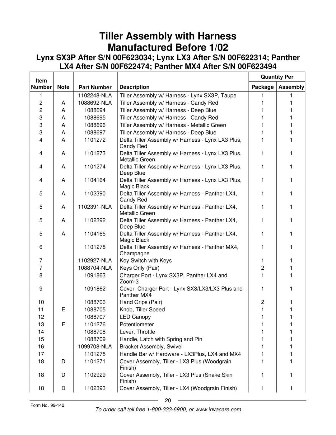 Invacare SX3P manual Tiller Assembly with Harness Manufactured Before 1/02 