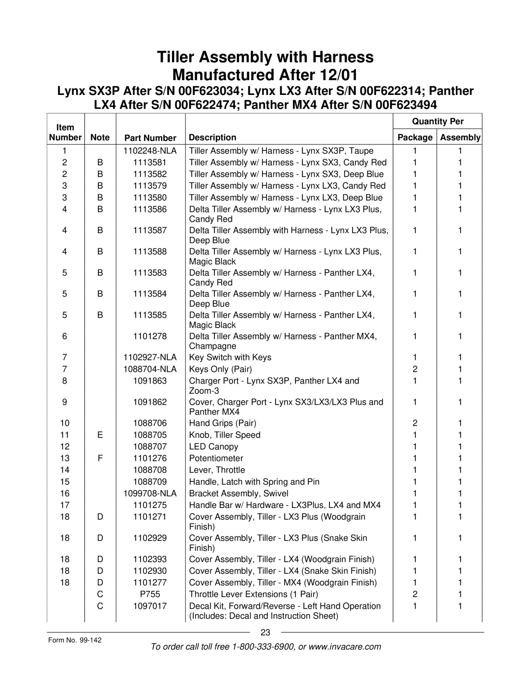 Invacare SX3P manual Tiller Assembly with Harness Manufactured After 12/01 