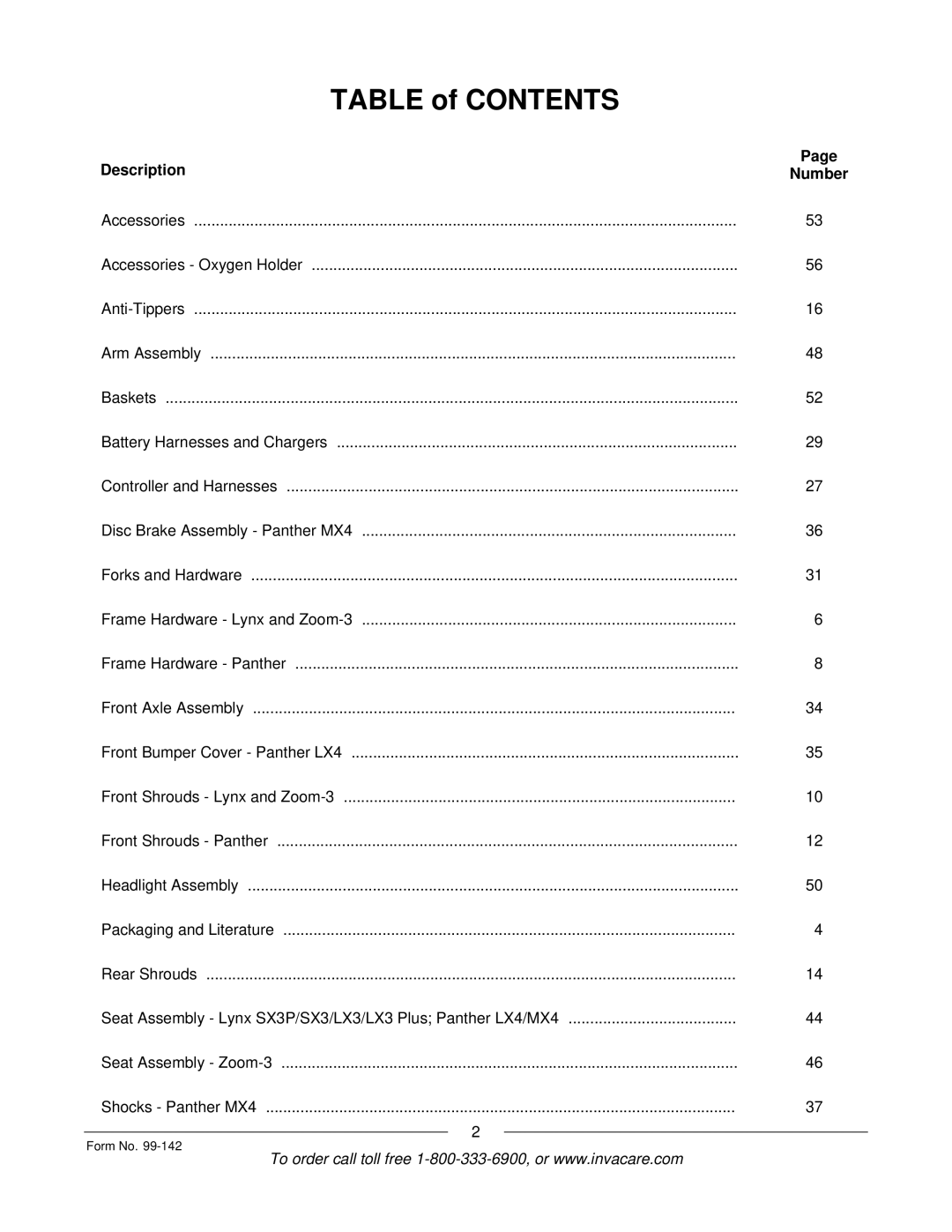 Invacare SX3P manual Table of Contents 