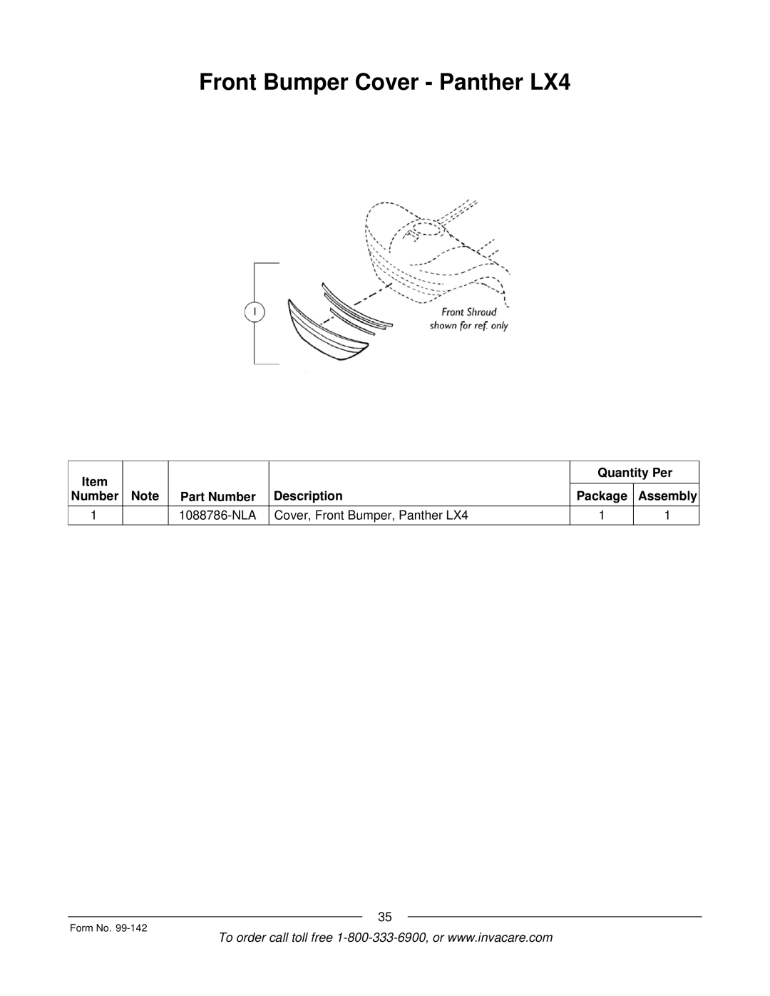 Invacare SX3P manual Front Bumper Cover Panther LX4 