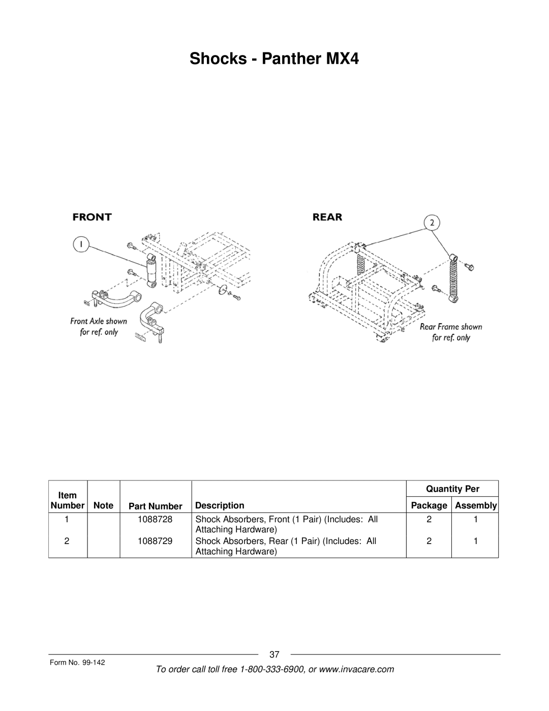 Invacare SX3P manual Shocks Panther MX4 