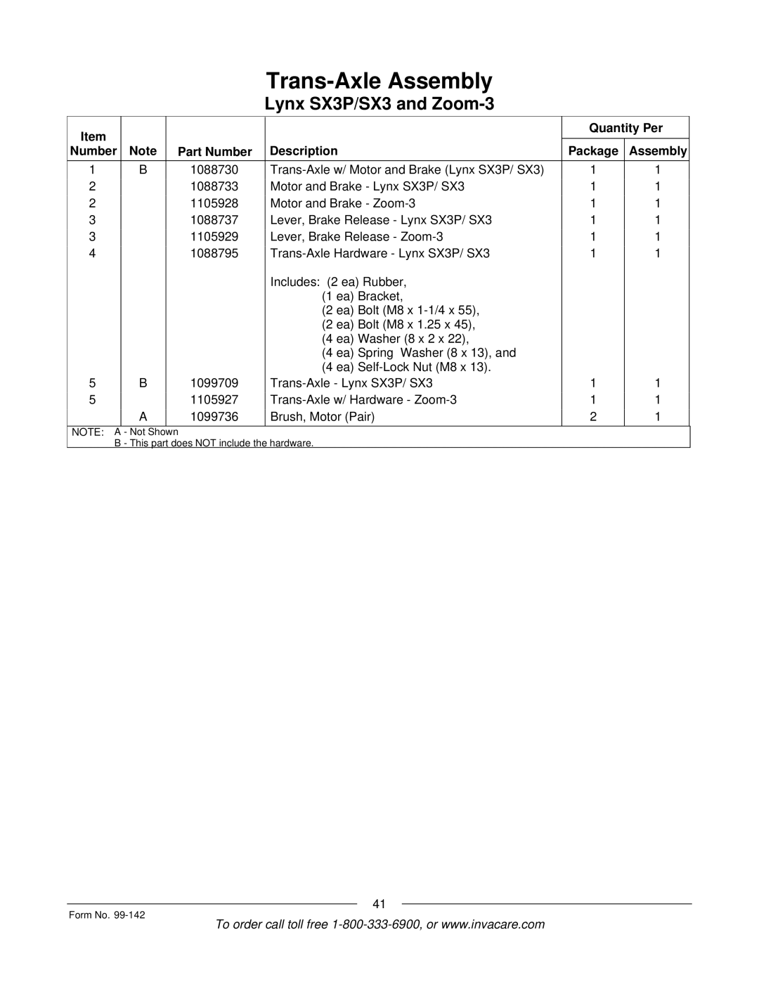 Invacare SX3P manual Not Shown This part does not include the hardware Form No 