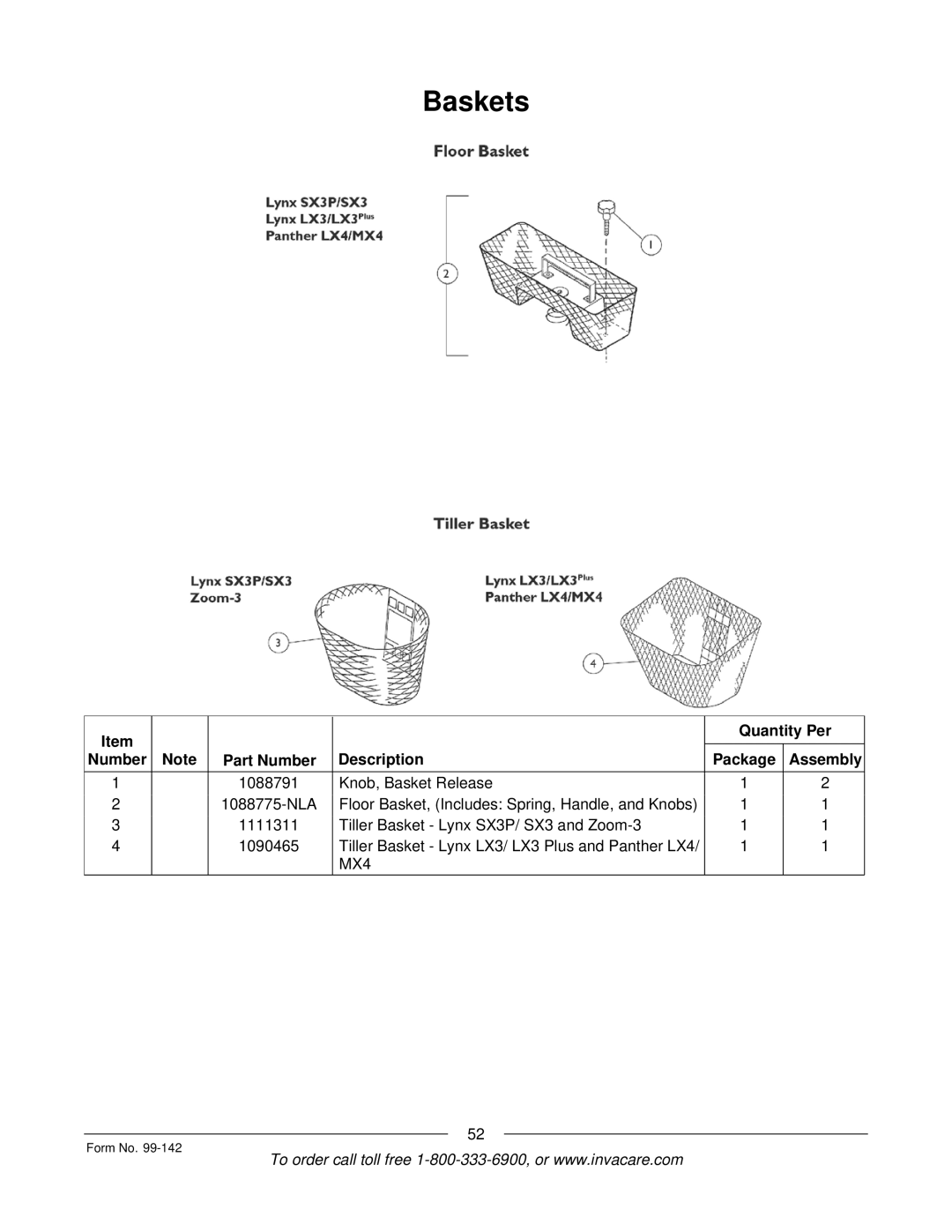 Invacare SX3P manual Baskets 