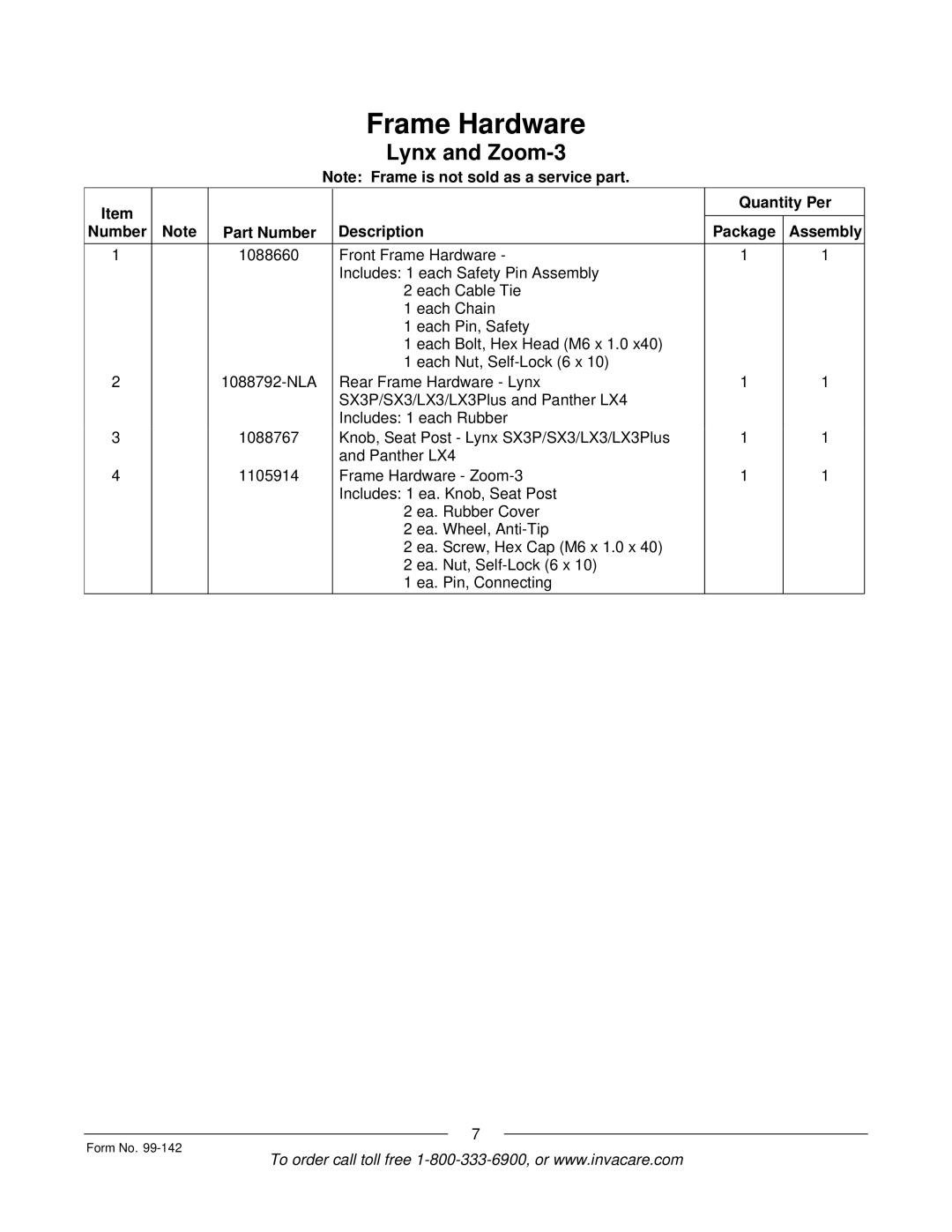 Invacare SX3P manual Quantity Per Number Part Number Description Package Assembly 