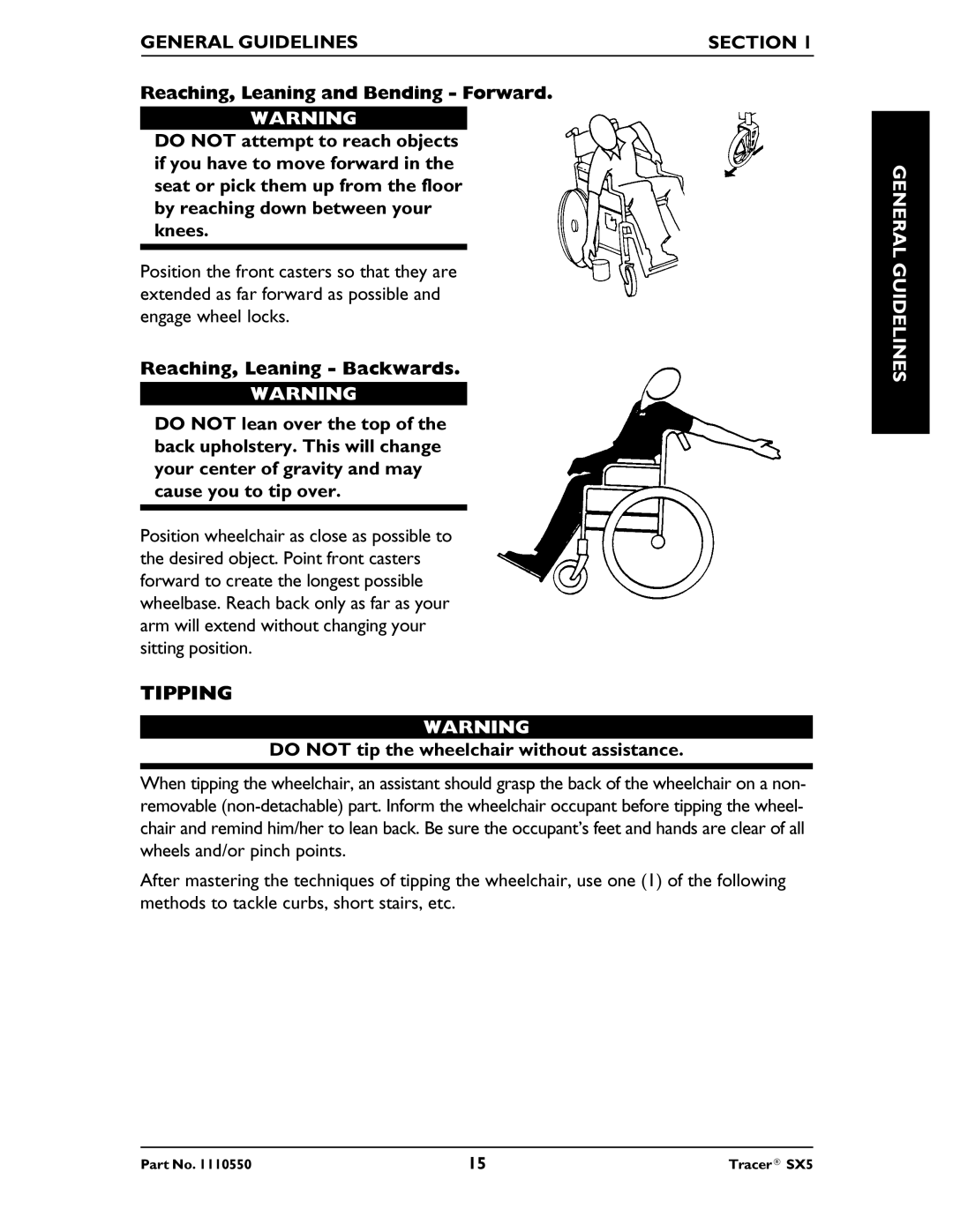 Invacare SX5 Recliner manual Tipping, Do not tip the wheelchair without assistance 