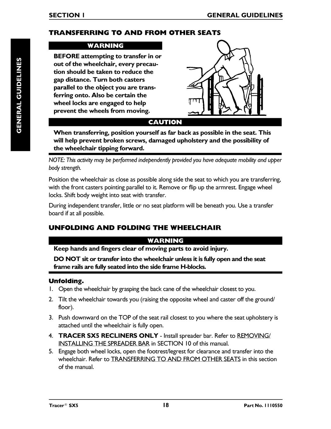 Invacare SX5 Recliner manual Transferring to and from Other Seats, Unfolding and Folding the Wheelchair 