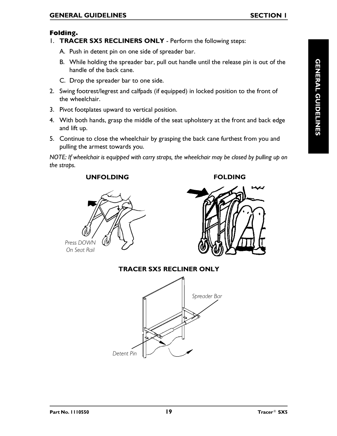 Invacare manual Unfoldingfolding, Tracer SX5 Recliner only 