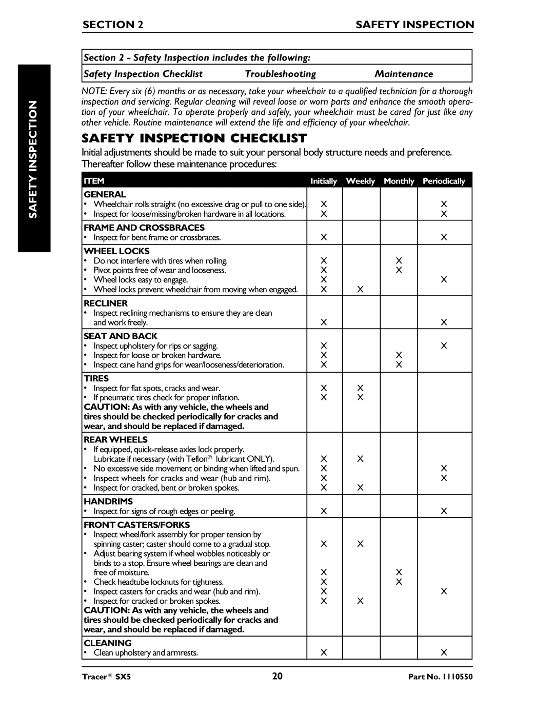 Invacare SX5 Recliner manual Safety Inspection Checklist, Section Safety Inspection 