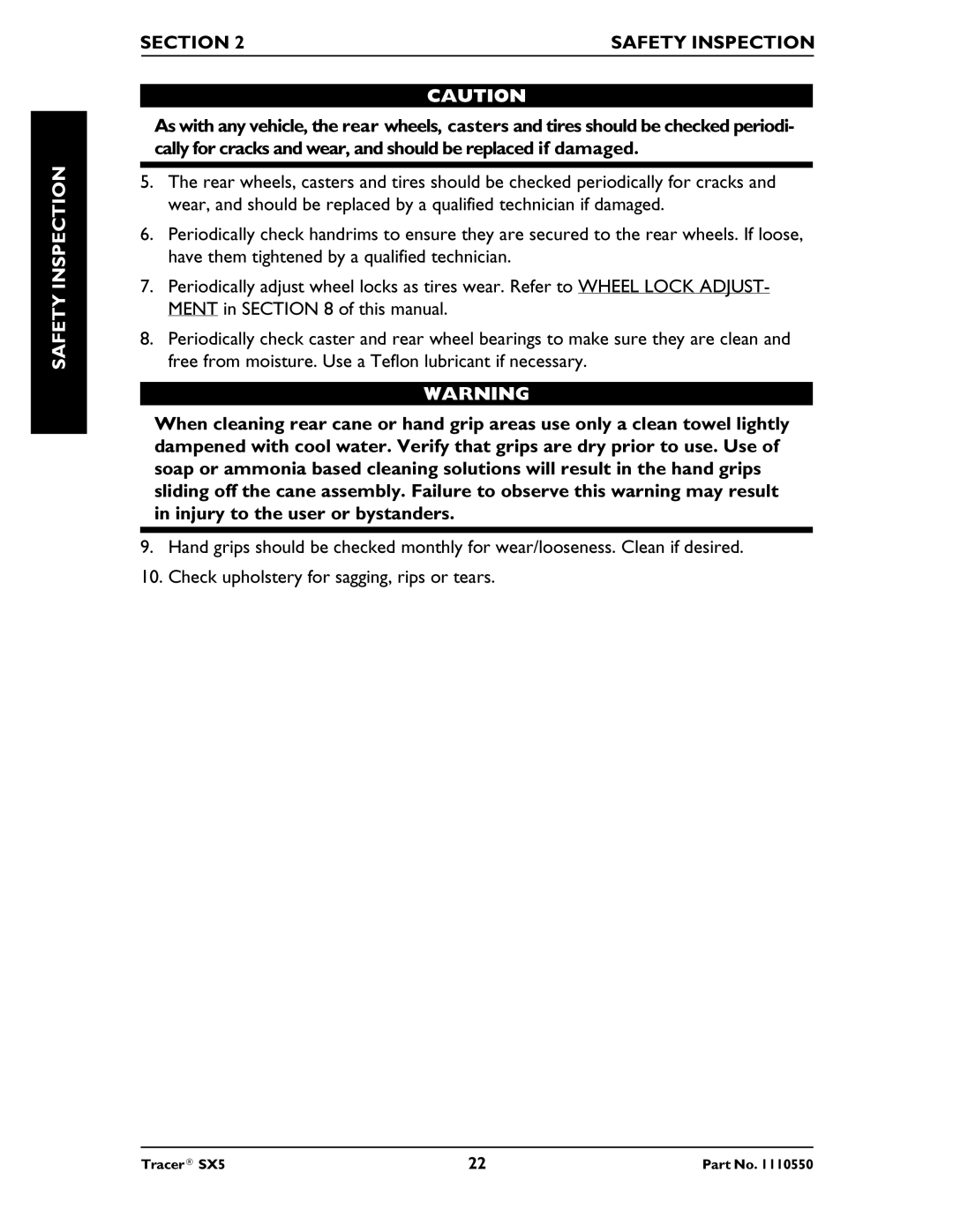 Invacare SX5 Recliner manual Safety Inspection 