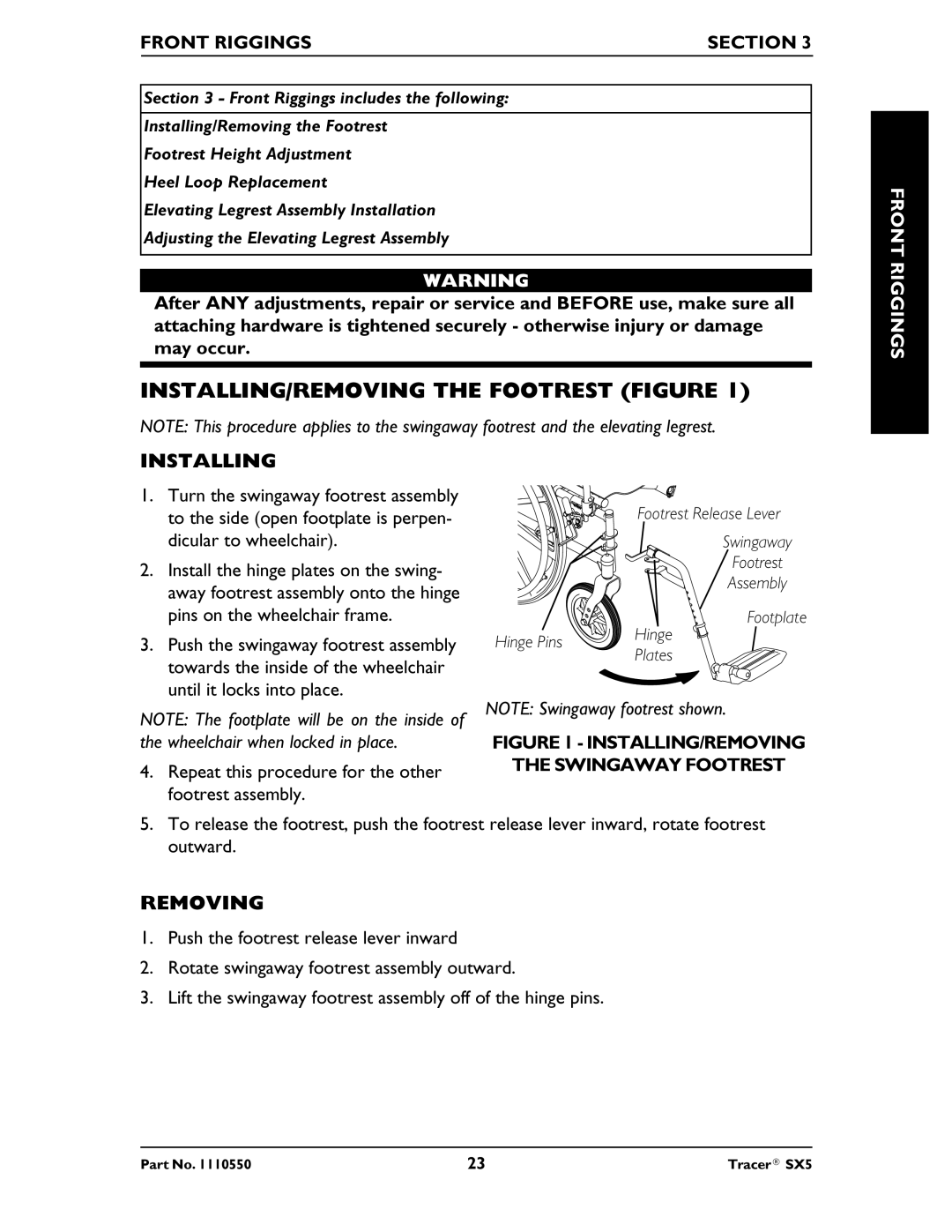 Invacare SX5 Recliner manual INSTALLING/REMOVING the Footrest Figure, Installing, Removing, Front Riggings Section 