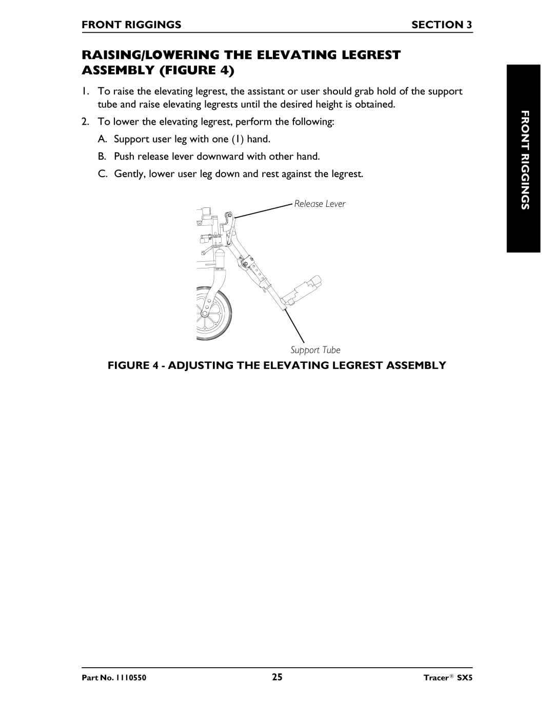 Invacare SX5 Recliner RAISING/LOWERING the Elevating Legrest Assembly Figure, Adjusting the Elevating Legrest Assembly 