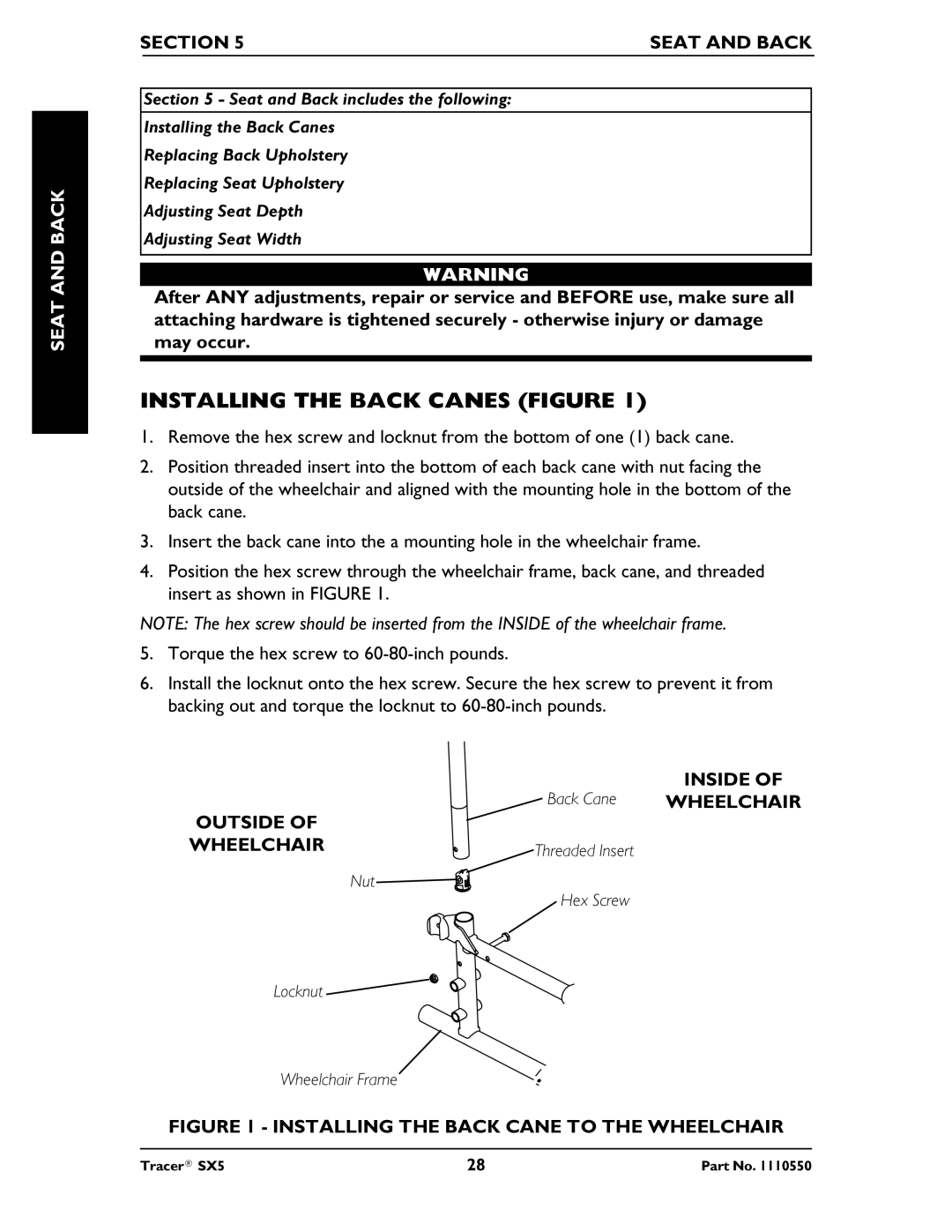 Invacare SX5 manual Installing the Back Canes Figure, Seat Backand, Section Seat and Back, Inside, Outside Wheelchair 