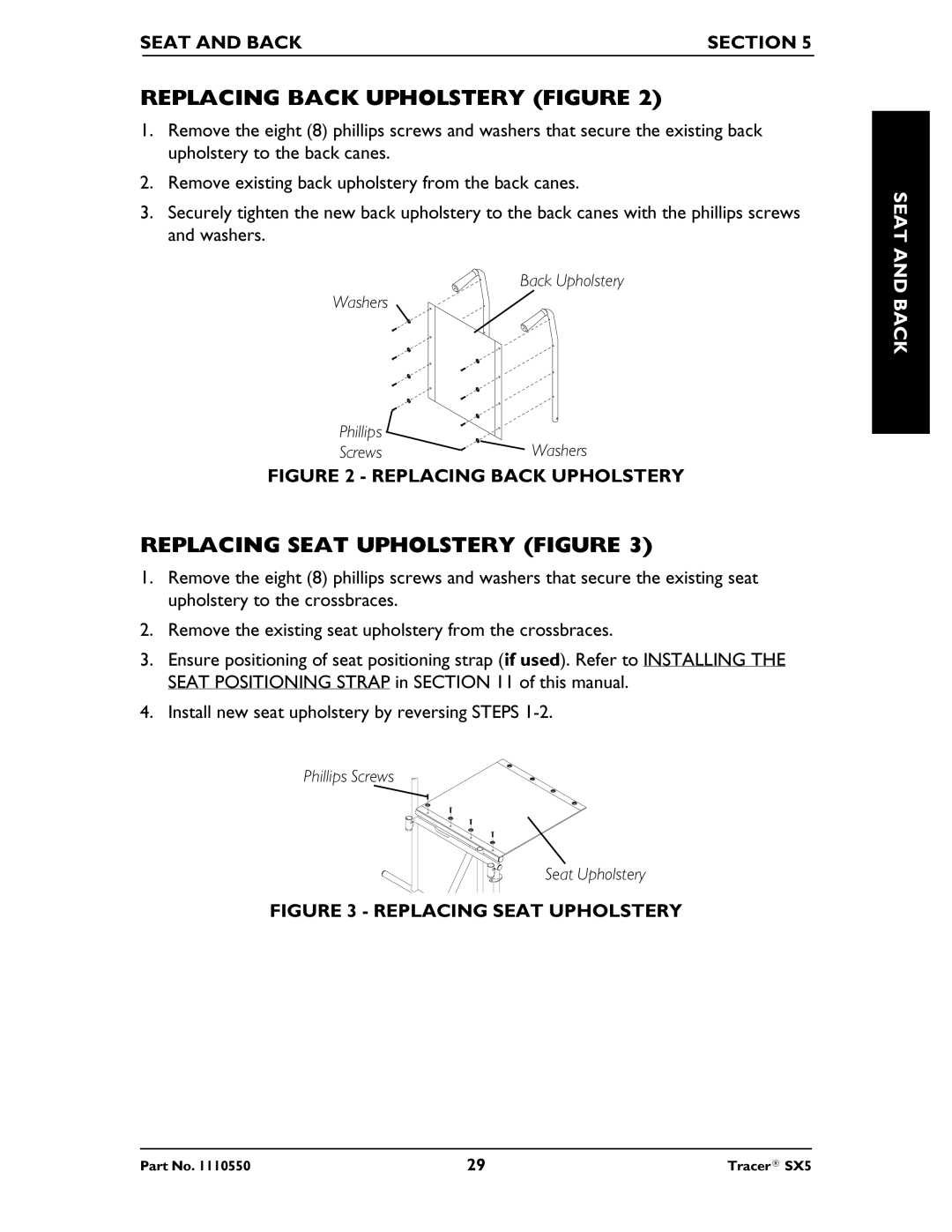 Invacare SX5 Recliner manual Replacing Back Upholstery Figure, Replacing Seat Upholstery Figure, Seat and Back Section 