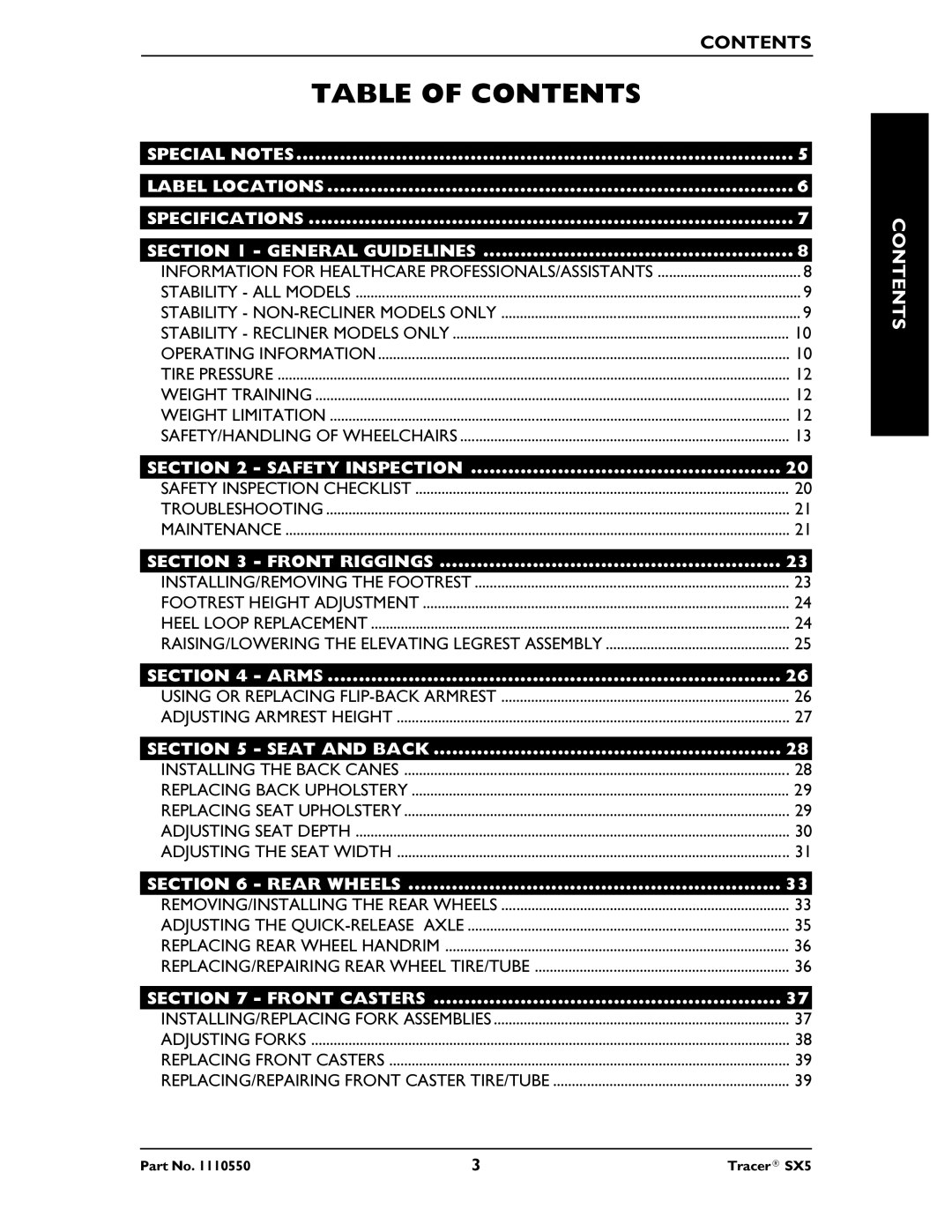 Invacare SX5 Recliner manual Table of Contents 