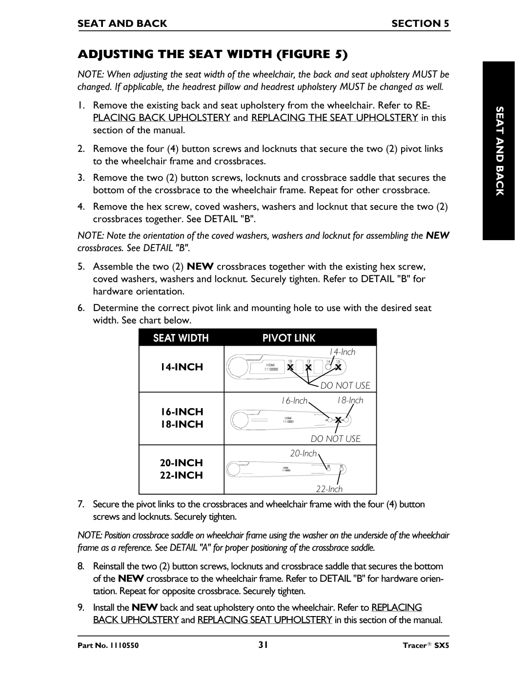 Invacare SX5 Recliner manual Adjusting the Seat Width Figure, Pivot Link 