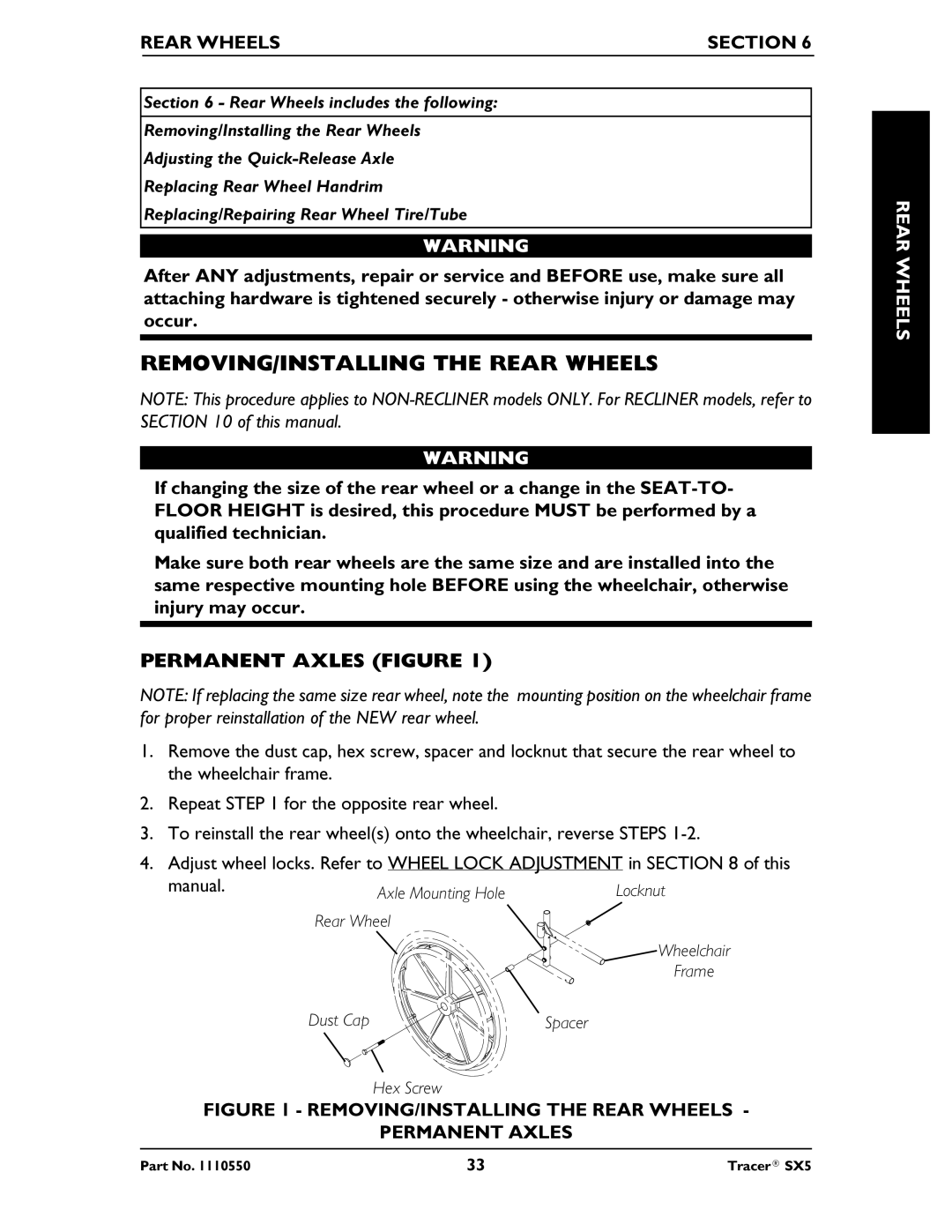 Invacare SX5 Recliner manual REMOVING/INSTALLING the Rear Wheels, Permanent Axles Figure, Rear Wheels Section 