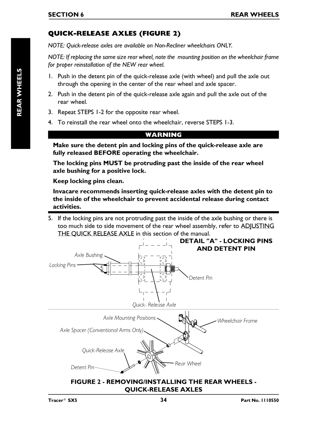 Invacare SX5 Recliner QUICK-RELEASE Axles Figure, Wheelsrear, Section Rear Wheels, Detail a Locking Pins Detent PIN 