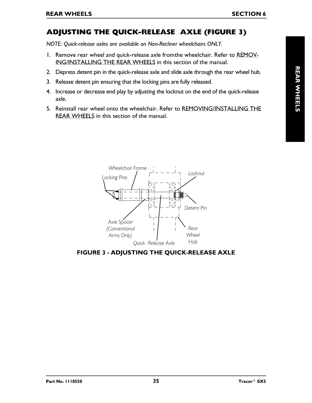 Invacare SX5 Recliner manual Adjusting the QUICK-RELEASE Axle Figure 