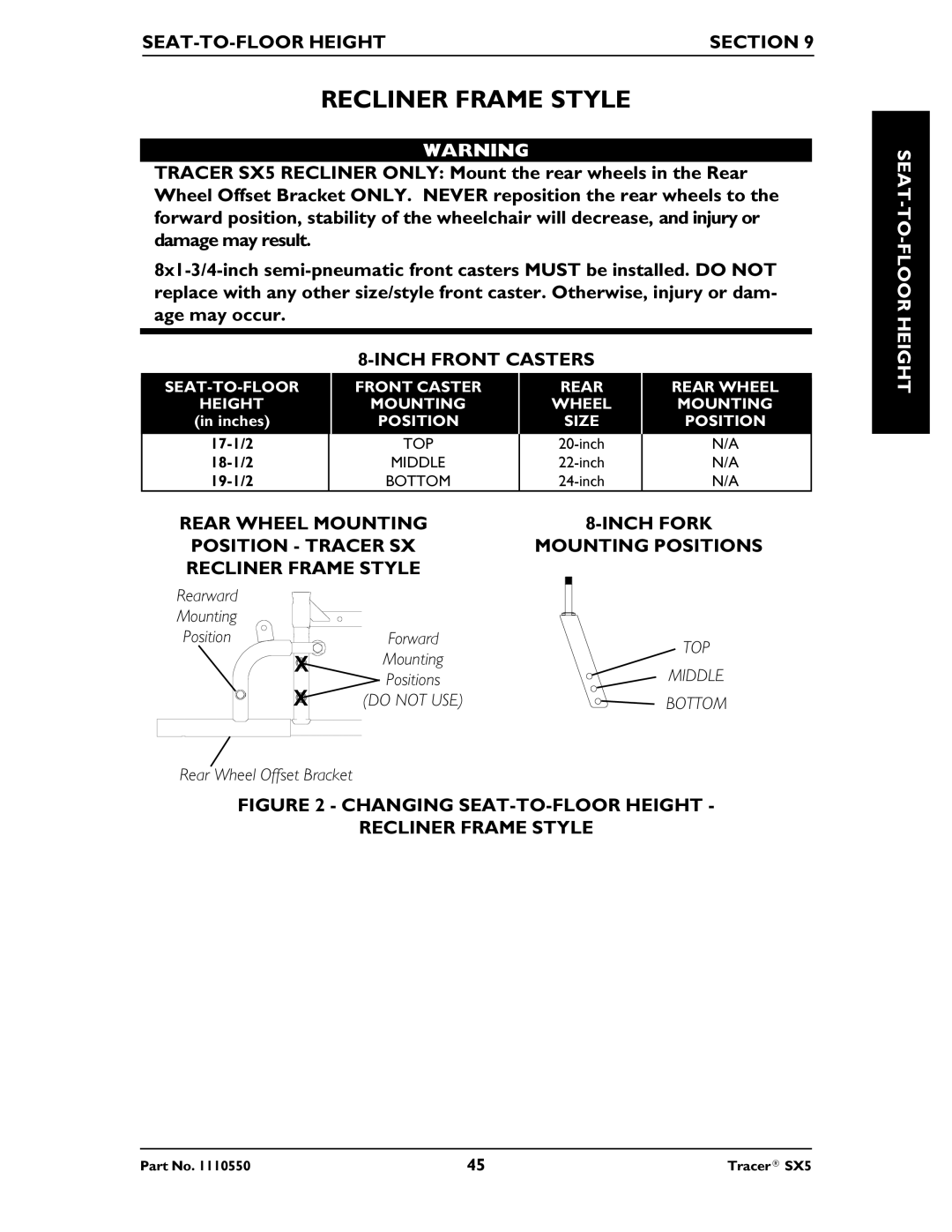 Invacare SX5 Recliner manual Rear Wheel Mounting Position Tracer SX Recliner Frame Style, Inch Fork Mounting Positions 