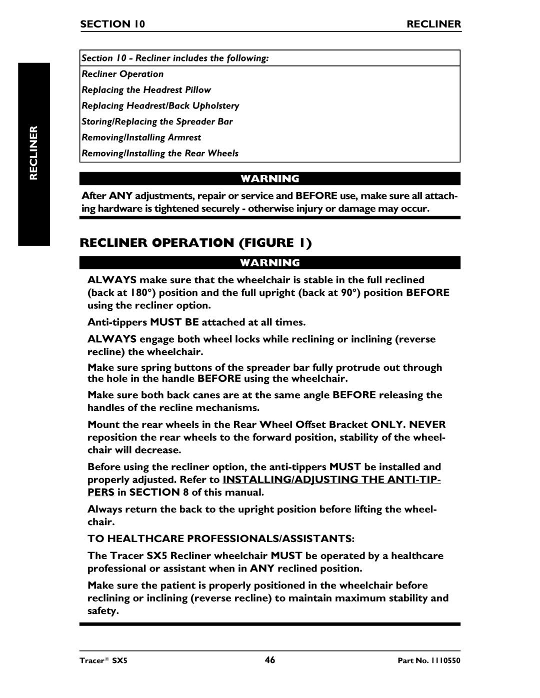 Invacare SX5 Recliner manual Recliner Operation Figure, Section Recliner 