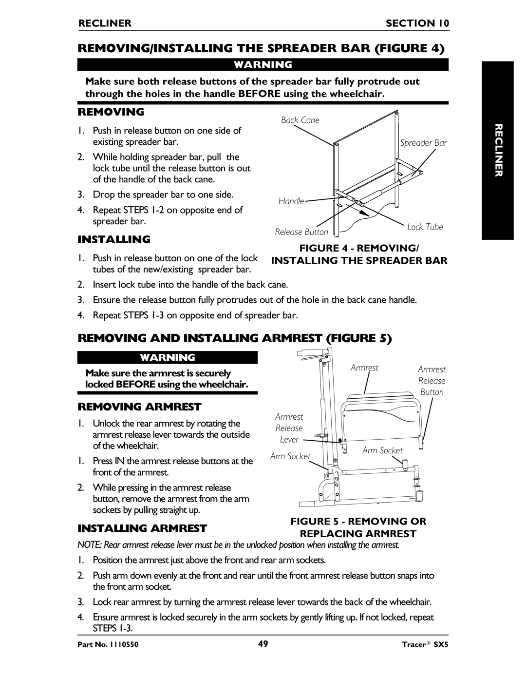 Invacare SX5 Recliner manual REMOVING/INSTALLING the Spreader BAR Figure, Removing Installing the Spreader BAR 