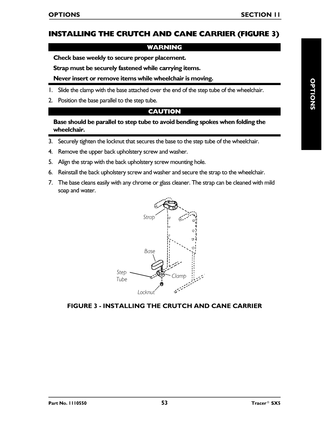 Invacare SX5 Recliner manual Installing the Crutch and Cane Carrier Figure 