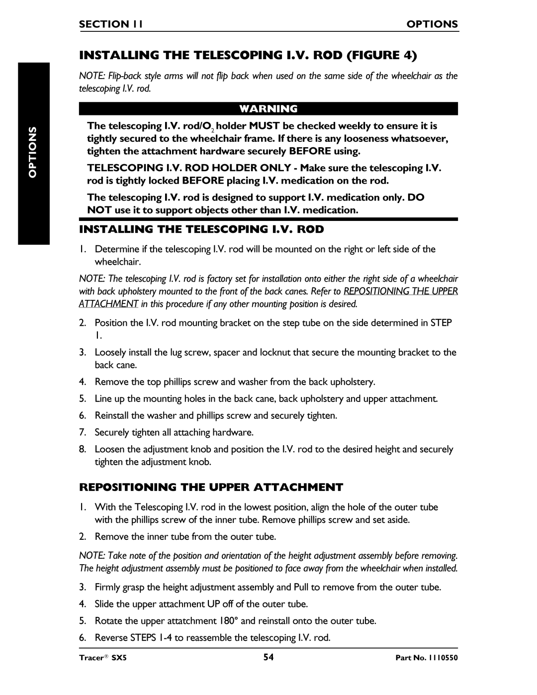 Invacare SX5 Recliner manual Installing the Telescoping I.V. ROD Figure, Repositioning the Upper Attachment 