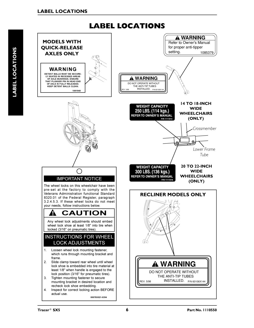 Invacare SX5 Recliner manual Locations, Label 