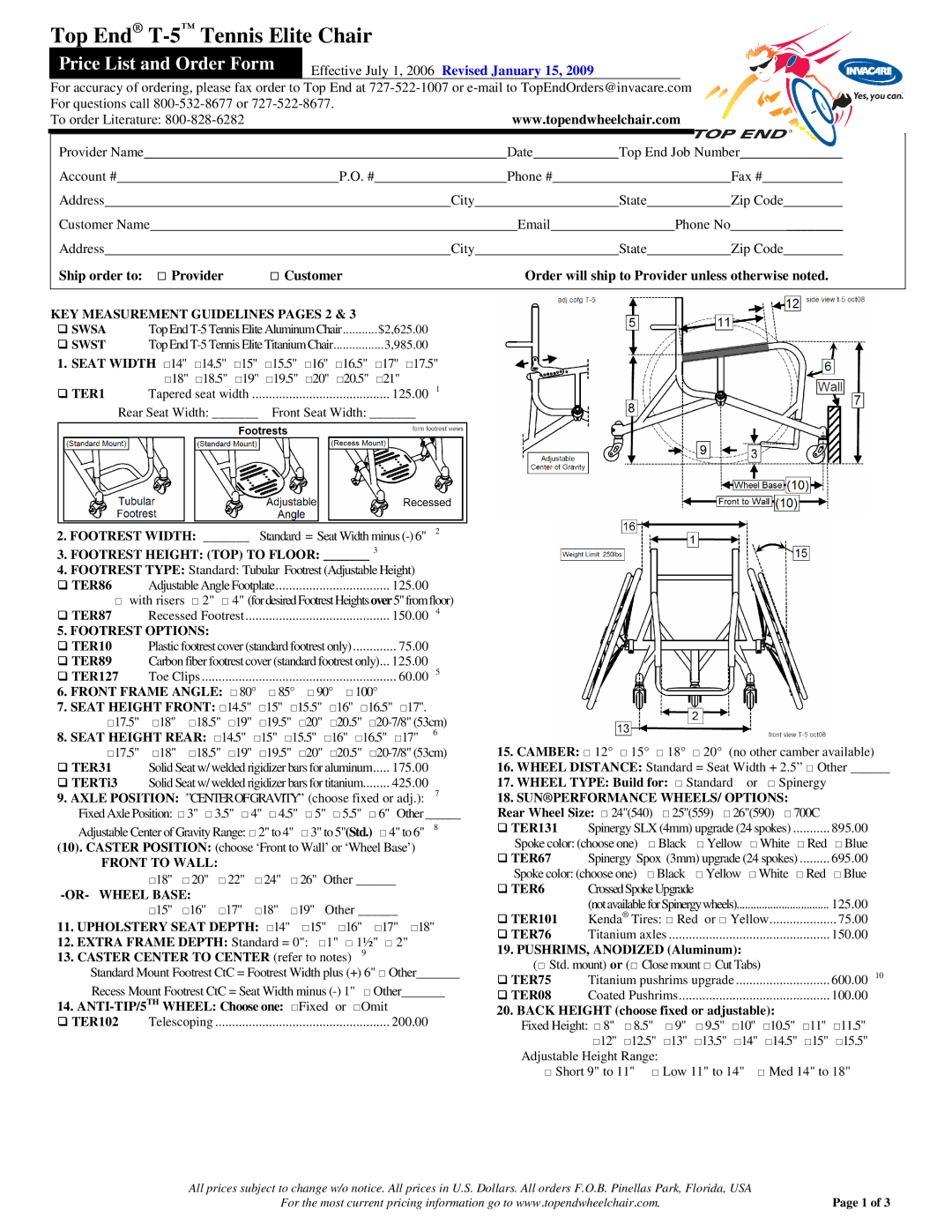 Invacare T-5 manual KEY Measurement Guidelines Pages 2 Swsa, Swst, Footrest Height TOP to Floor, Footrest Options 