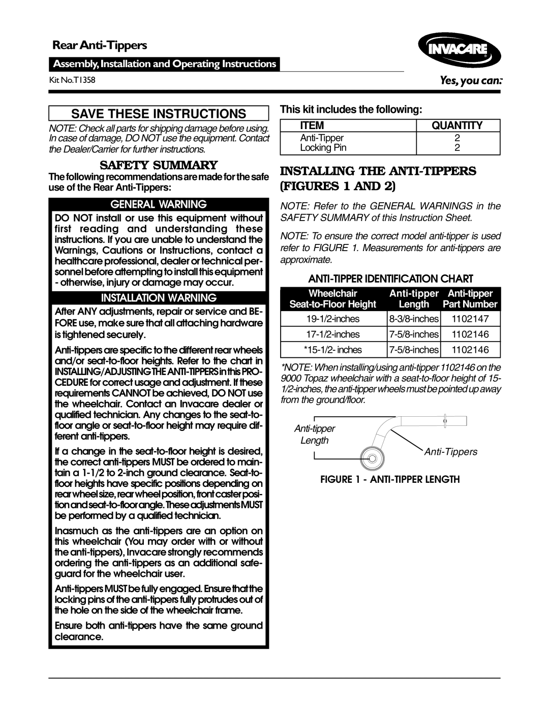 Invacare T1358 operating instructions General Warning, Installation Warning, Dealer/Carrier for further instructions 