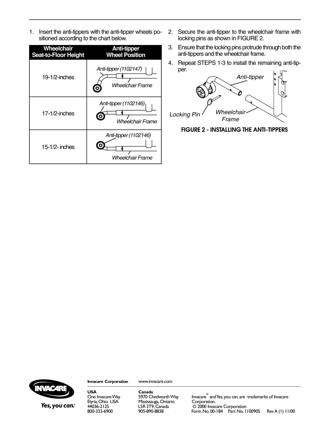 Invacare T1358 operating instructions 19-1/2-inches, 17-1/2-inches, 15-1/2- inches, Anti-tipper Locking Pin Wheelchair 