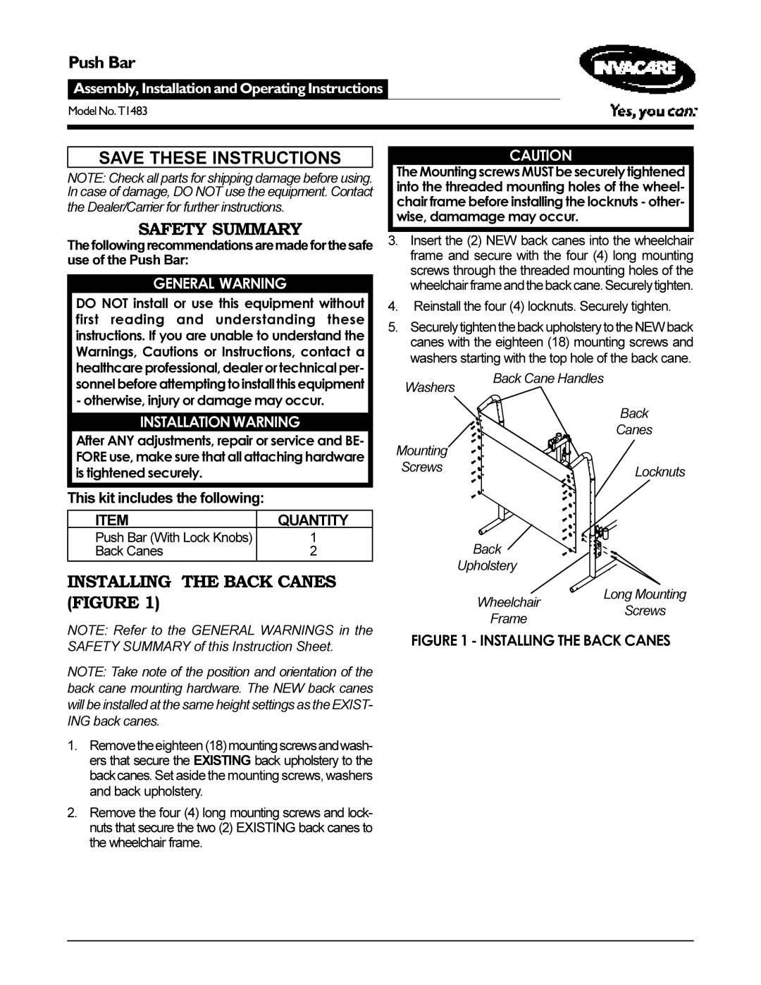 Invacare T1483 operating instructions Safety Summary, Installing the Back Canes Figure, General Warning 