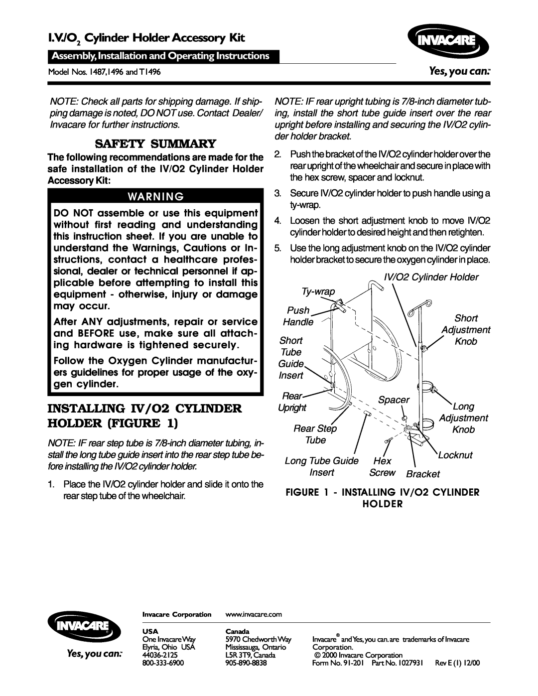 Invacare 1487, T1496 operating instructions I.V./O2 Cylinder Holder Accessory Kit, Safety Summary 