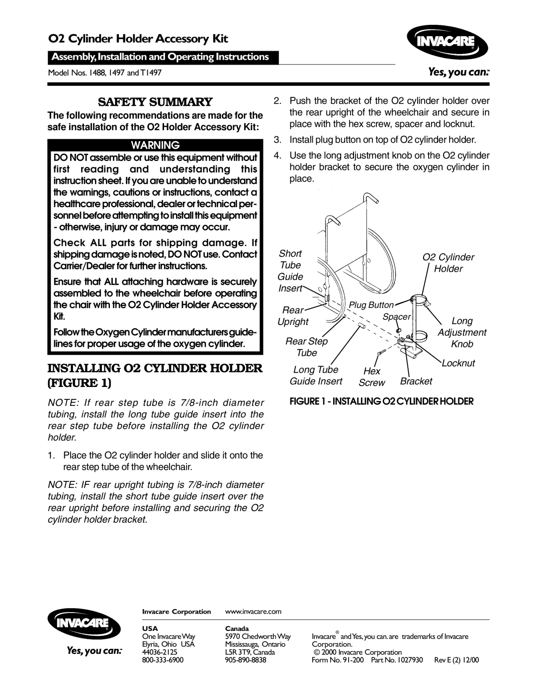 Invacare 1488, T1497 operating instructions Safety Summary, Installing O2 Cylinder Holder Figure 