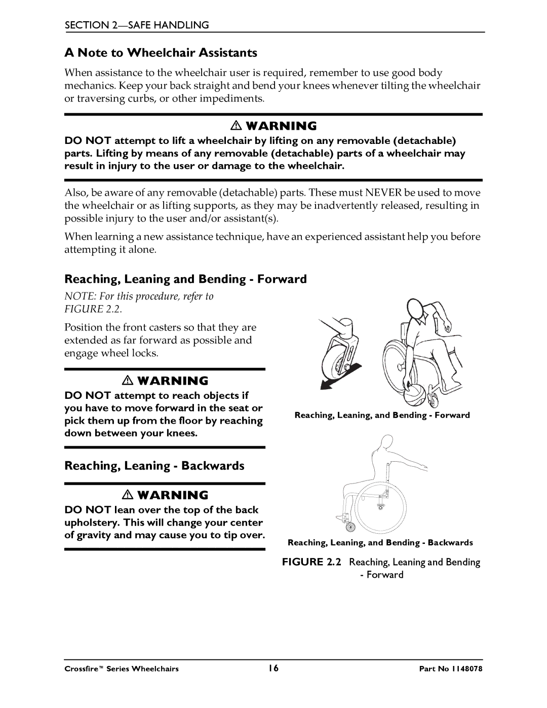 Invacare T6 manual Reaching, Leaning and Bending Forward, Reaching, Leaning Backwards 