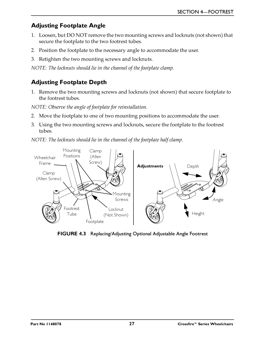 Invacare T6 manual Adjusting Footplate Angle, Adjusting Footplate Depth 