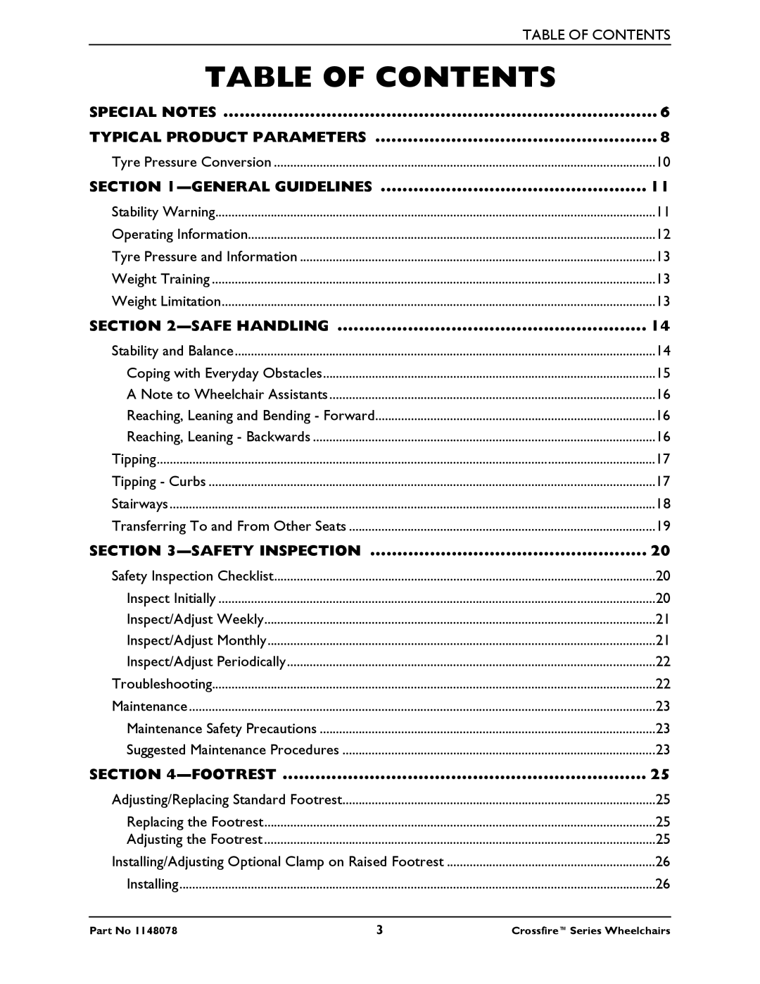 Invacare T6 manual Table of Contents 