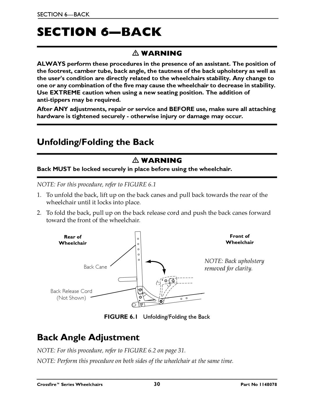 Invacare T6 manual Unfolding/Folding the Back, Back Angle Adjustment 