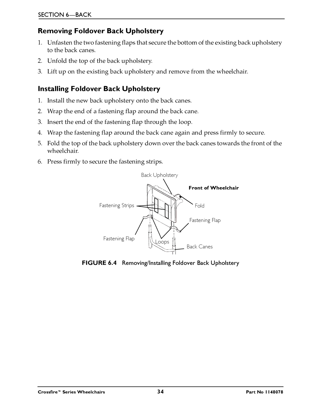 Invacare T6 manual Removing Foldover Back Upholstery, Installing Foldover Back Upholstery 