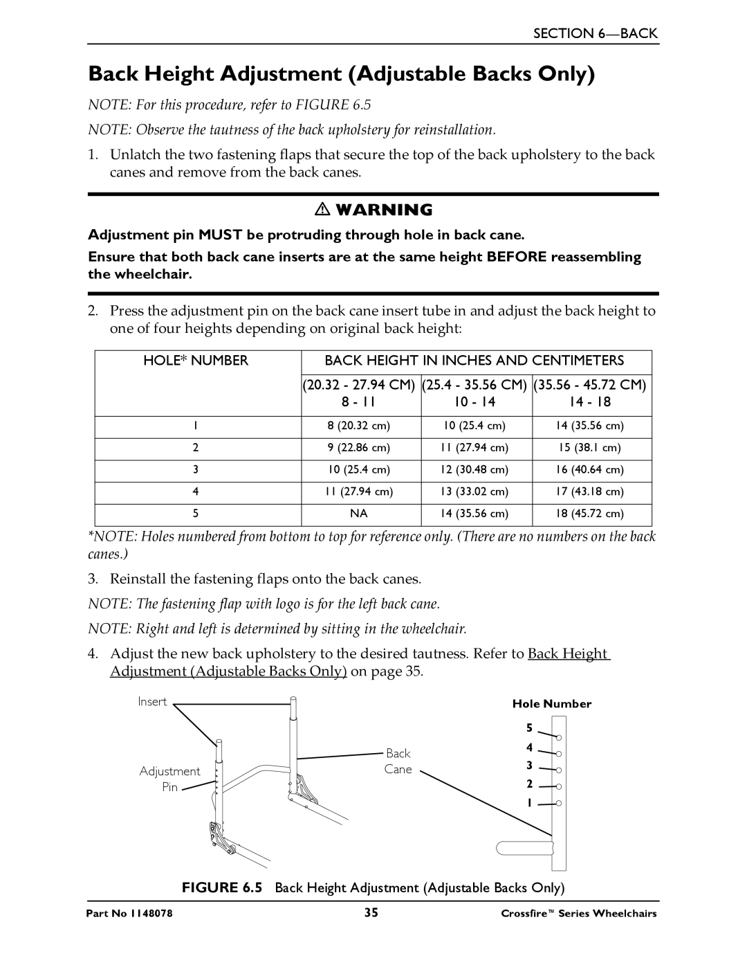 Invacare T6 manual Back Height Adjustment Adjustable Backs Only, HOLE* Number Back Height in Inches and Centimeters 