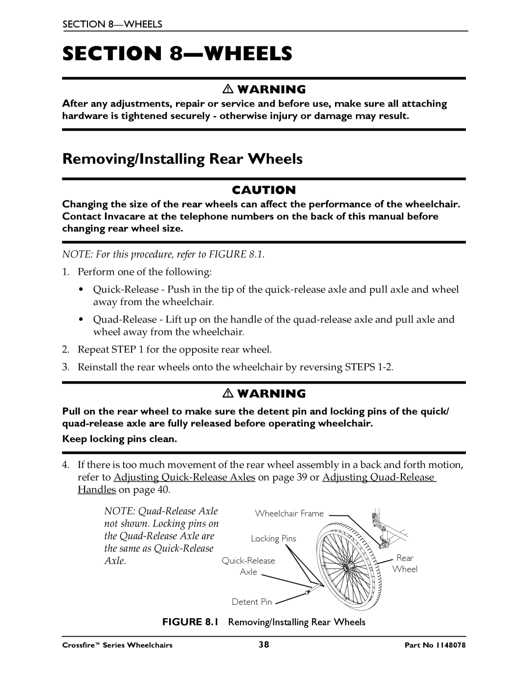 Invacare T6 manual Removing/Installing Rear Wheels 