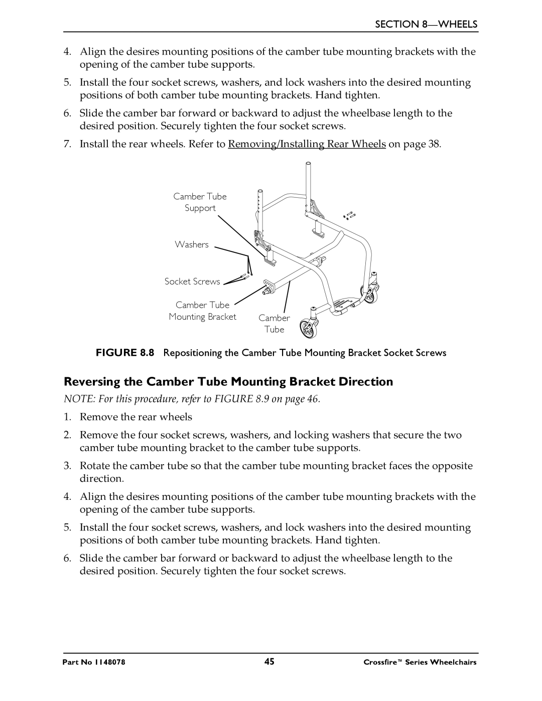 Invacare T6 manual Reversing the Camber Tube Mounting Bracket Direction 