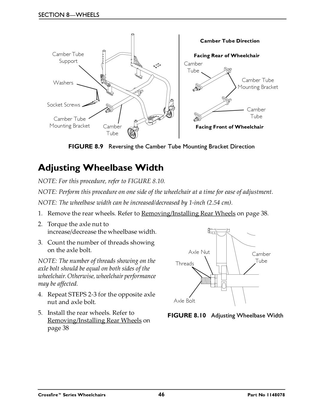 Invacare T6 manual Adjusting Wheelbase Width, Reversing the Camber Tube Mounting Bracket Direction 