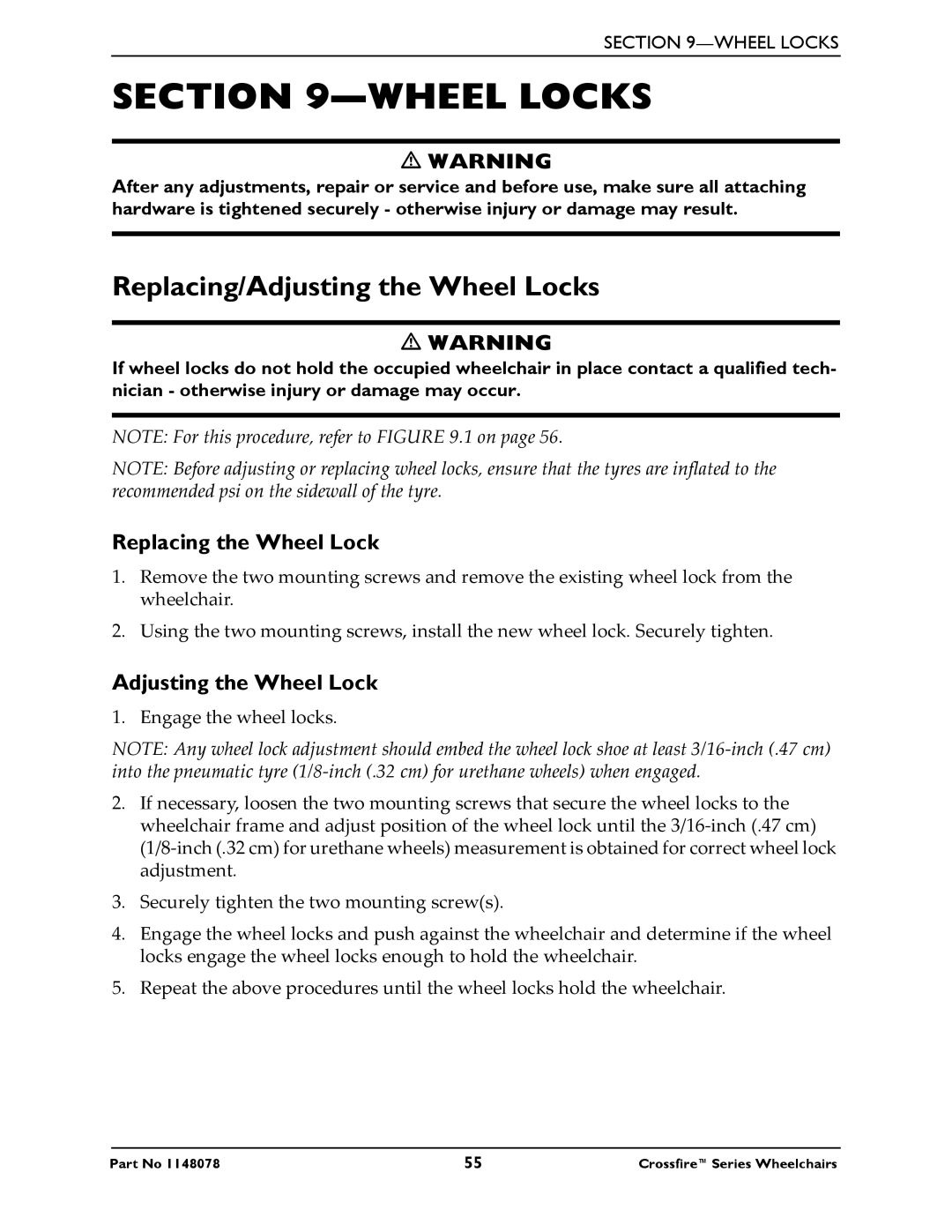 Invacare T6 manual Replacing/Adjusting the Wheel Locks, Replacing the Wheel Lock 