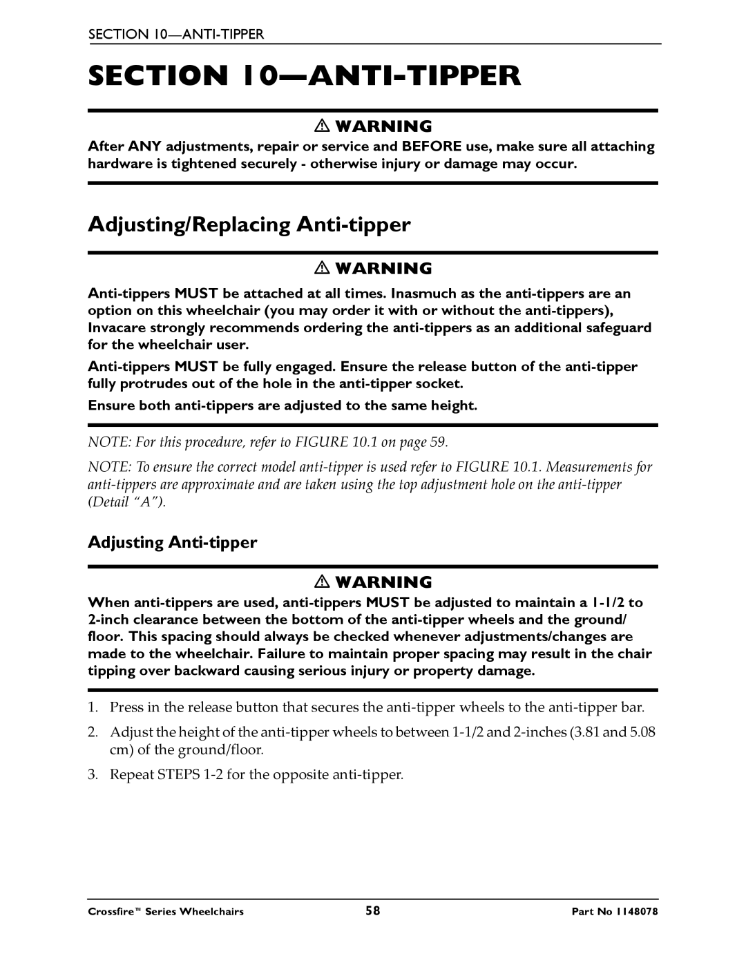 Invacare T6 manual Anti-Tipper, Adjusting/Replacing Anti-tipper, Adjusting Anti-tipper 