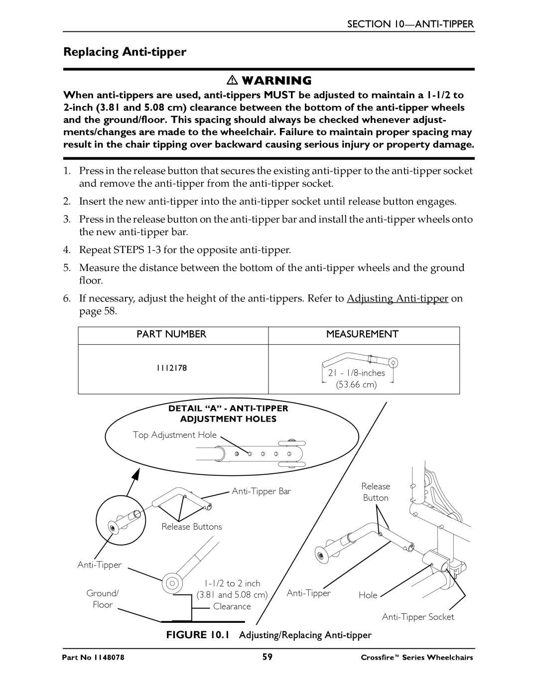 Invacare T6 manual Replacing Anti-tipper, Part Number 