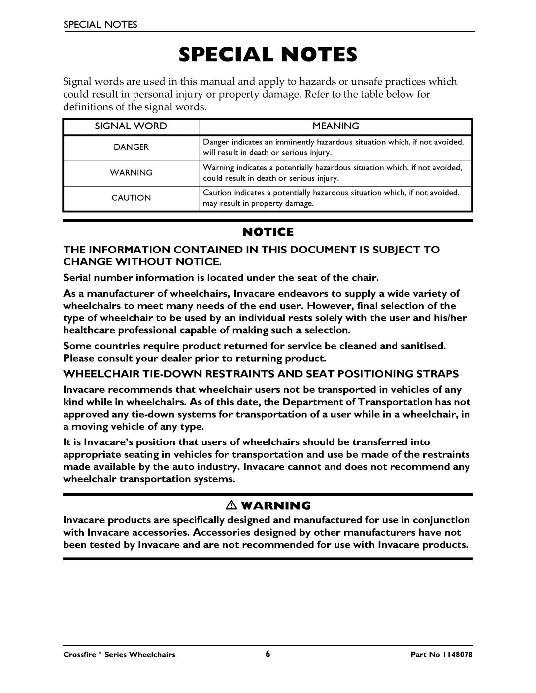 Invacare T6 manual Special Notes, Meaning 