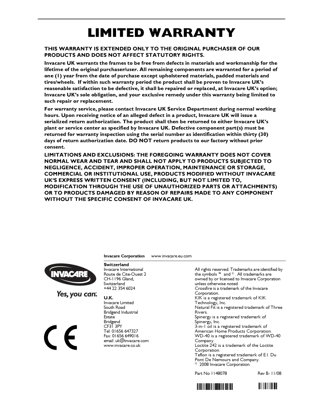 Invacare T6 manual Limited Warranty, Switzerland 